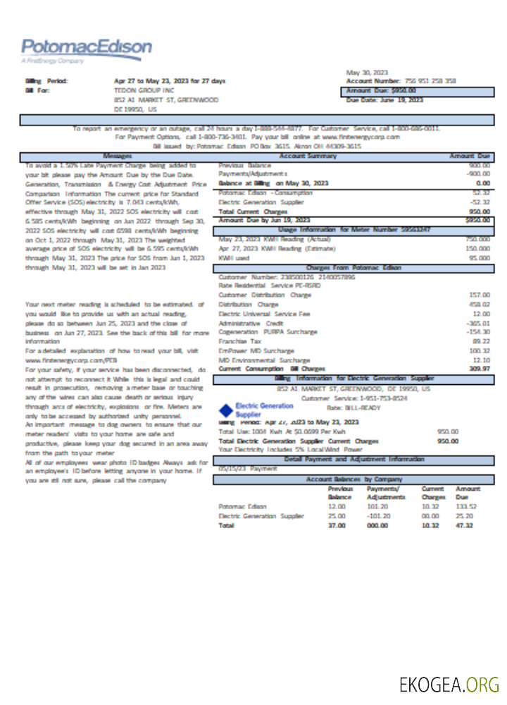 Facture commerciale de service public de Potomac Edison, page 1, SCR